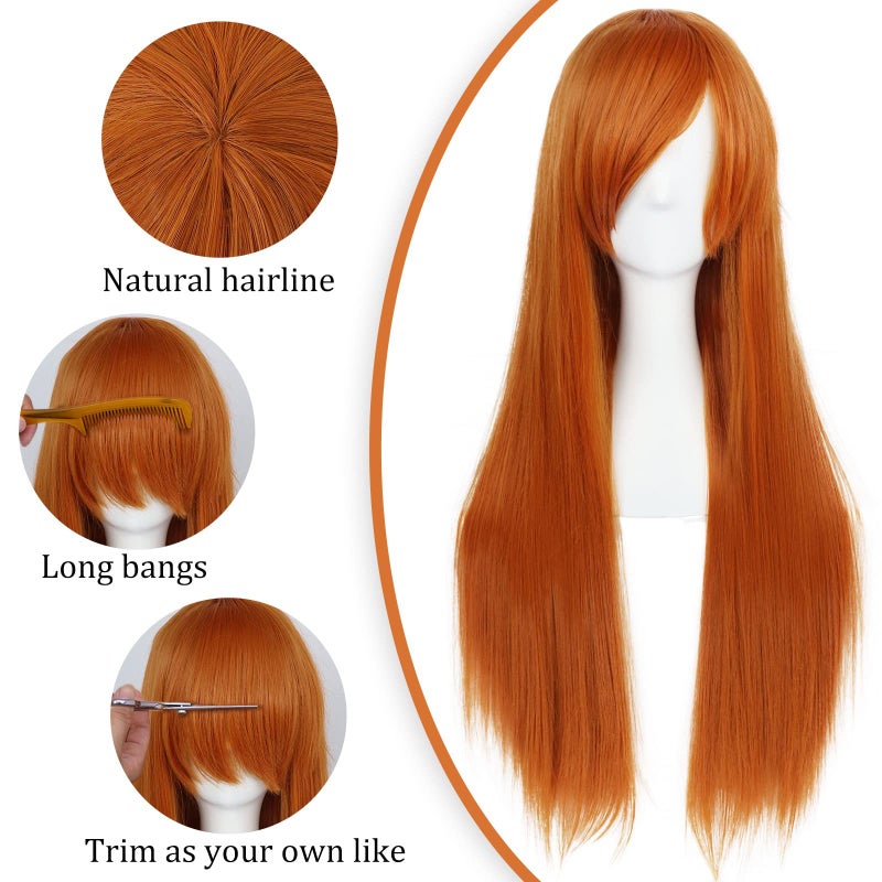 ANOGOL Wig Cap+32 in/ 80 cm Orange Wig Long Straight Orange Wig with Bangs Synthetic Hair Peluca Naranja Cosplay Wigs for Anime Cosplay Wig Ginger Wig with Bangs for Halloween Women Ginger Costume Wig - Image 3